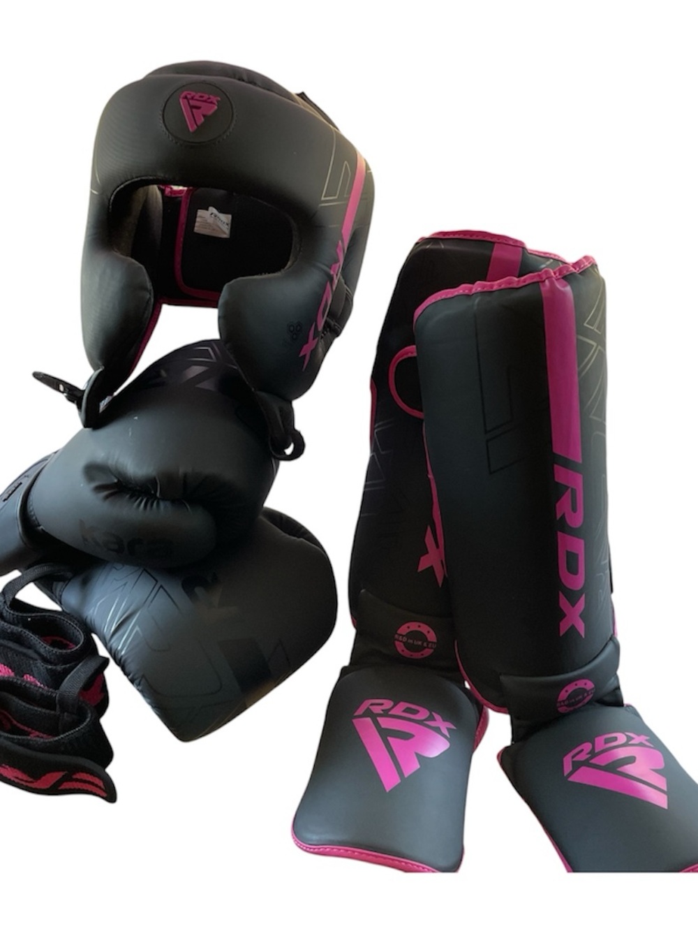RDX Black & Pink Boxing Set - Gloves, Headgear, Shin Guards